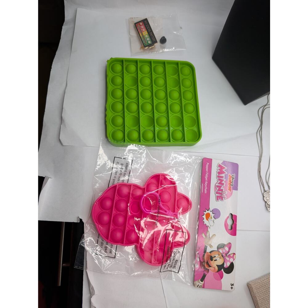 Fidget Toy Bundle: Green Pink Minnie Mouse Pop It Social Battery Pin w/indicator